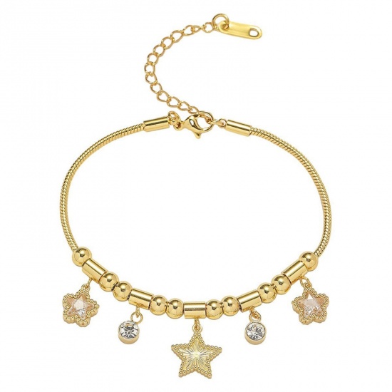 Picture of Wholesale Pentagram Star Clear Rhinestone 304 Stainless Steel Snake Chain Charm Bracelets, 18K Gold Plated Eco-friendly PVD, Women's Creative Stylish Gift Jewelry Supply, 18cm(7.1") + 7cm(2.8") long, 1 Piece