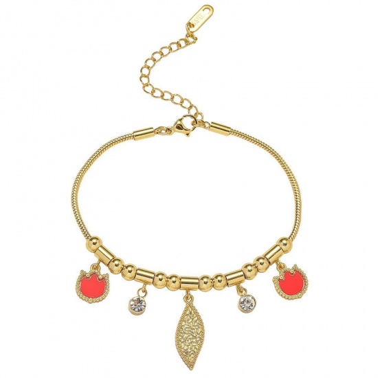 Picture of Wholesale Leaf Tulip Flower Orange-red Clear Rhinestone 304 Stainless Steel Snake Chain Charm Bracelets, 18K Gold Plated Eco-friendly PVD, Women's Creative Stylish Gift Jewelry Supply, 18cm(7.1") + 7cm(2.8") long, 1 Piece