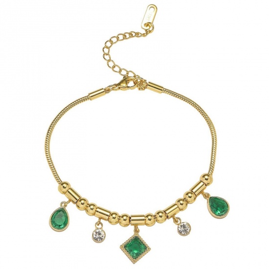 Picture of Wholesale Rhombus Drop Green Rhinestone 304 Stainless Steel Snake Chain Charm Bracelets, 18K Gold Plated Eco-friendly PVD, Women's Creative Stylish Gift Jewelry Supply, 18cm(7.1") + 7cm(2.8") long, 1 Piece