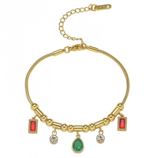 Picture of Wholesale Drop Rectangle Multicolor Rhinestone 304 Stainless Steel Snake Chain Charm Bracelets, 18K Gold Plated Eco-friendly PVD, Women's Creative Stylish Gift Jewelry Supply, 18cm(7.1") + 7cm(2.8") long, 1 Piece