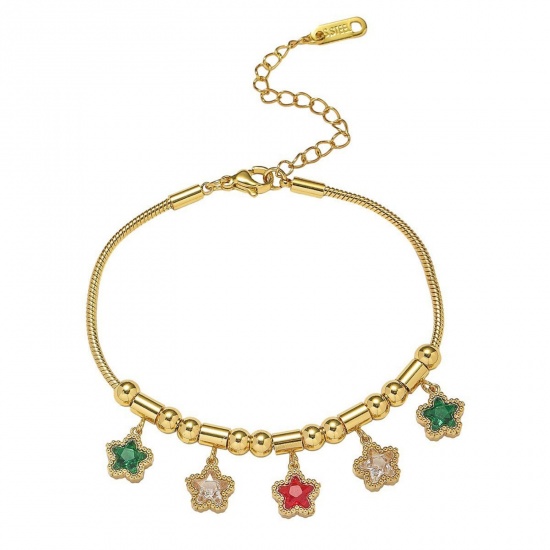 Picture of Wholesale Pentagram Star Multicolor Rhinestone 304 Stainless Steel Snake Chain Charm Bracelets, 18K Gold Plated Eco-friendly PVD, Women's Creative Stylish Gift Jewelry Supply, 18cm(7.1") + 7cm(2.8") long, 1 Piece