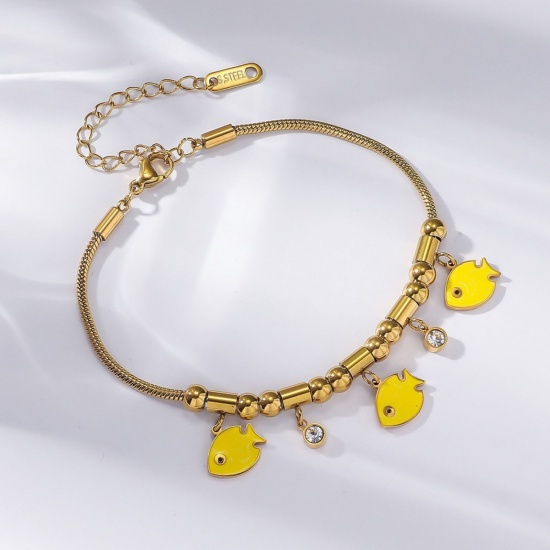 Picture of Wholesale Fish Animal Yellow Enamel Clear Rhinestone 304 Stainless Steel Snake Chain Charm Bracelets, 18K Gold Plated Eco-friendly PVD, Women's Creative Stylish Gift Jewelry Supply, 18cm(7.1") + 7cm(2.8") long, 1 Piece