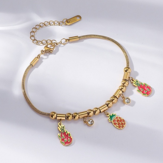 Picture of Wholesale Pitaya Fruit Pineapple Multicolor Enamel Clear Rhinestone 304 Stainless Steel Snake Chain Charm Bracelets, 18K Gold Plated Eco-friendly PVD, Women's Creative Stylish Gift Jewelry Supply, 18cm(7.1") + 7cm(2.8") long, 1 Piece