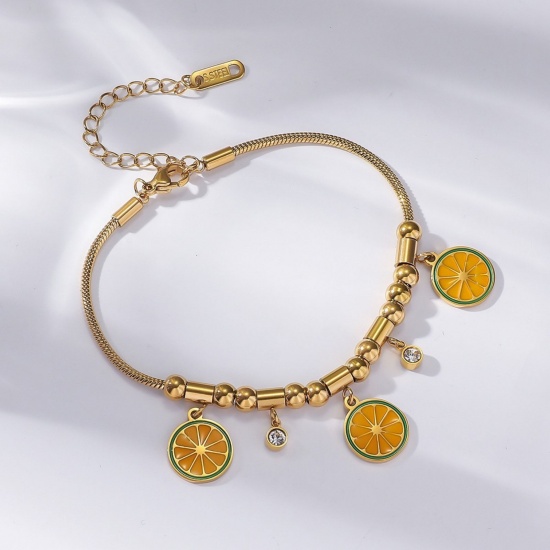 Picture of Wholesale Lemon Fruit Yellow Enamel Clear Rhinestone 304 Stainless Steel Snake Chain Charm Bracelets, 18K Gold Plated Eco-friendly PVD, Women's Creative Stylish Gift Jewelry Supply, 18cm(7.1") + 7cm(2.8") long, 1 Piece