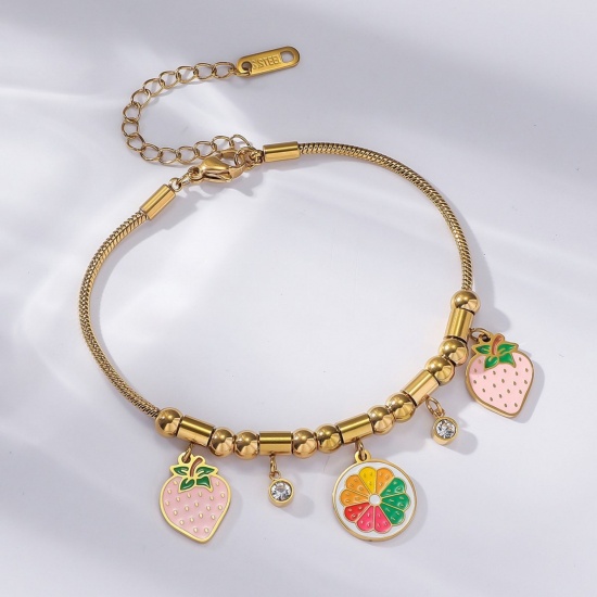 Picture of Wholesale Strawberry Fruit Lemon Multicolor Enamel Clear Rhinestone 304 Stainless Steel Snake Chain Charm Bracelets, 18K Gold Plated Eco-friendly PVD, Women's Creative Stylish Gift Jewelry Supply, 18cm(7.1") + 7cm(2.8") long, 1 Piece