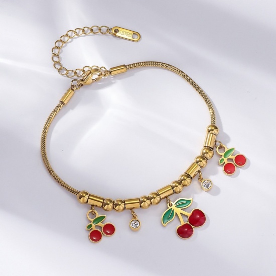 Picture of Wholesale Cherry Fruit Red & Green Enamel Clear Rhinestone 304 Stainless Steel Snake Chain Charm Bracelets, 18K Gold Plated Eco-friendly PVD, Women's Creative Stylish Gift Jewelry Supply, 18cm(7.1") + 7cm(2.8") long, 1 Piece