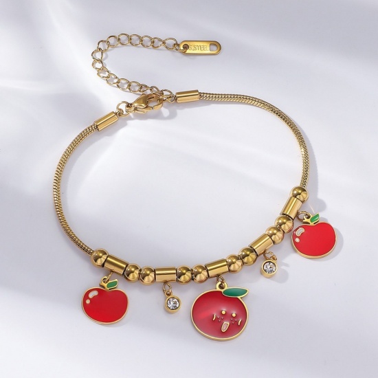 Picture of Wholesale Apple Fruit Red Enamel Clear Rhinestone 304 Stainless Steel Snake Chain Charm Bracelets, 18K Gold Plated Eco-friendly PVD, Women's Creative Stylish Gift Jewelry Supply, 18cm(7.1") + 7cm(2.8") long, 1 Piece
