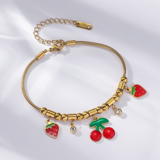 Picture of Wholesale Cherry Fruit Strawberry Fruit Red & Green Enamel Clear Rhinestone 304 Stainless Steel Snake Chain Charm Bracelets, 18K Gold Plated Eco-friendly PVD, Women's Creative Stylish Gift Jewelry Supply, 18cm(7.1") + 7cm(2.8") long, 1 Piece