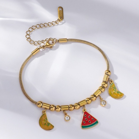 Picture of Wholesale Tangerine Fruit Watermelon Fruit Multicolor Enamel Clear Rhinestone 304 Stainless Steel Snake Chain Charm Bracelets, 18K Gold Plated Eco-friendly PVD, Women's Creative Stylish Gift Jewelry Supply, 18cm(7.1") + 7cm(2.8") long, 1 Piece