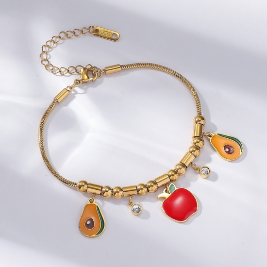 Picture of Wholesale Apple Fruit Avocado Fruit Multicolor Enamel Clear Rhinestone 304 Stainless Steel Snake Chain Charm Bracelets, 18K Gold Plated Eco-friendly PVD, Women's Creative Stylish Gift Jewelry Supply, 18cm(7.1") + 7cm(2.8") long, 1 Piece
