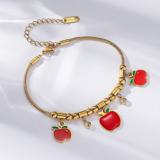 Picture of Wholesale Apple Fruit Red Enamel Clear Rhinestone 304 Stainless Steel Snake Chain Charm Bracelets, 18K Gold Plated Eco-friendly PVD, Women's Creative Stylish Gift Jewelry Supply, 18cm(7.1") + 7cm(2.8") long, 1 Piece