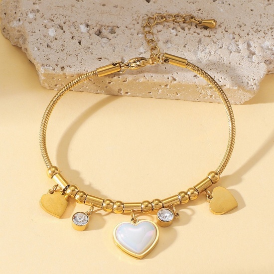Picture of Wholesale Heart White Imitation Pearl Clear Rhinestone 304 Stainless Steel Snake Chain Charm Bracelets, 18K Gold Plated Eco-friendly PVD, Women's Creative Stylish Gift Jewelry Supply, 18cm(7.1") + 7cm(2.8") long, 1 Piece