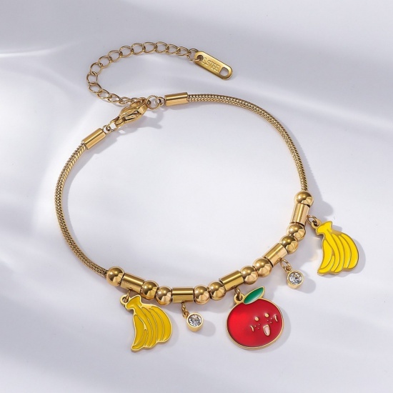 Picture of Wholesale Banana Fruit Apple Fruit Red & Yellow Enamel Clear Rhinestone 304 Stainless Steel Snake Chain Charm Bracelets, 18K Gold Plated Eco-friendly PVD, Women's Creative Stylish Gift Jewelry Supply, 18cm(7.1") + 7cm(2.8") long, 1 Piece