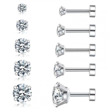 Bild von Großhandel Einfach Stilvoll Ohrstecker Set, Rund Klar Kubisches Zirkonia Silberfarbe 316 Edelstahl, Unisex Geschenk Schmuckbedarf, 3mm/4mm/5mm/6mm/7mm D., 1 Set ( 10 Stk./Set)