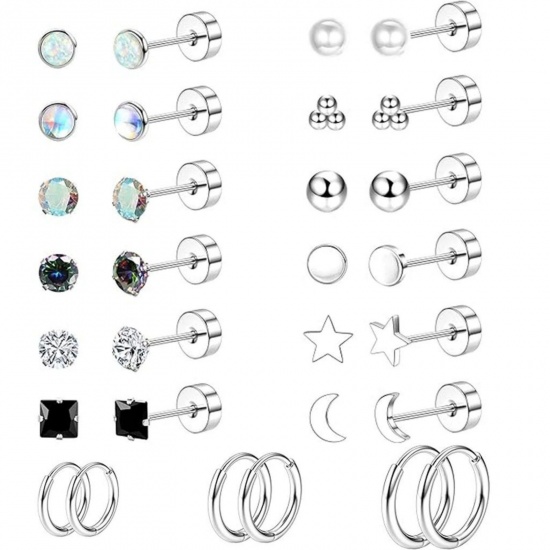 Immagine di Semplice Elegante Set di Orecchini All'Ingrosso, Luna Stella Tono Argento 304 Acciaio Inossidabile, Unisex Regalo Fornitura di Gioielli, 1 Serie ( 30 Pz/Serie)