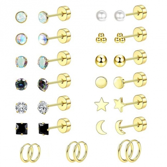 Immagine di Semplice Elegante Set di Orecchini All'Ingrosso, Luna Stella Placcato Oro 18K 304 Acciaio Inossidabile, Unisex Regalo Fornitura di Gioielli, 1 Serie ( 30 Pz/Serie)