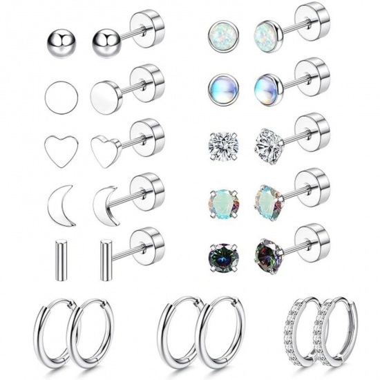 Immagine di Semplice Elegante Set di Orecchini All'Ingrosso, Cuore Luna Tono Argento 304 Acciaio Inossidabile, Unisex Regalo Fornitura di Gioielli, 1 Serie ( 26 Pz/Serie)