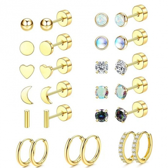 Immagine di Semplice Elegante Set di Orecchini All'Ingrosso, Cuore Luna Placcato Oro 18K 304 Acciaio Inossidabile, Unisex Regalo Fornitura di Gioielli, 1 Serie ( 26 Pz/Serie)