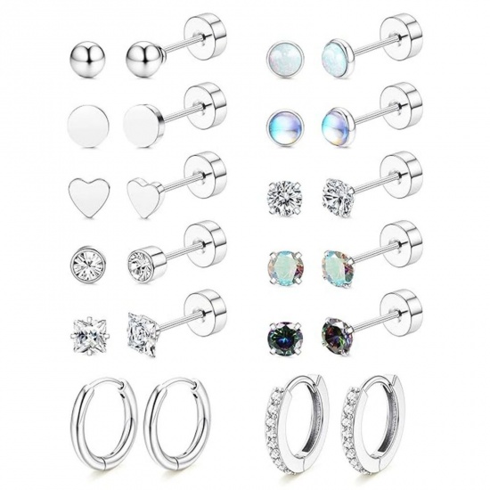 Immagine di Semplice Elegante Set di Orecchini All'Ingrosso, Tondo Cuore Tono Argento 304 Acciaio Inossidabile, Unisex Regalo Fornitura di Gioielli, 1 Serie ( 24 Pz/Serie)