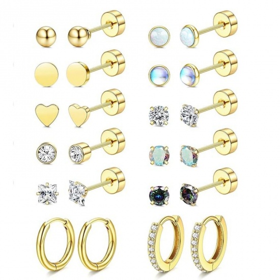 Immagine di Semplice Elegante Set di Orecchini All'Ingrosso, Tondo Cuore Placcato Oro 18K 304 Acciaio Inossidabile, Unisex Regalo Fornitura di Gioielli, 1 Serie ( 24 Pz/Serie)