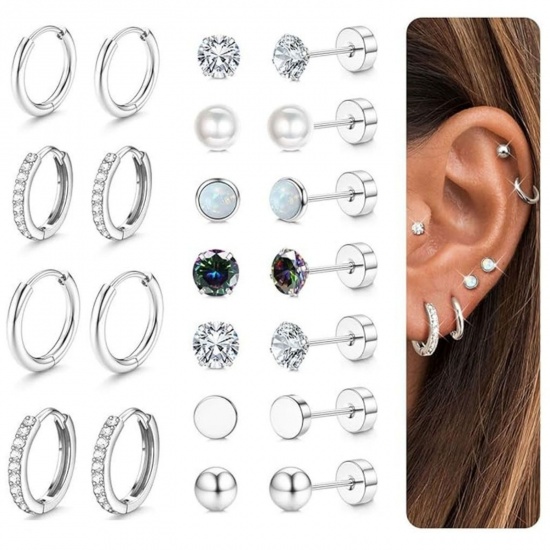 Immagine di Semplice Elegante Set di Orecchini All'Ingrosso, Tondo Tono Argento 304 Acciaio Inossidabile, Unisex Regalo Fornitura di Gioielli, 1 Serie ( 22 Pz/Serie)