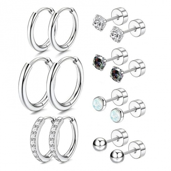 Immagine di Semplice Elegante Set di Orecchini All'Ingrosso, Tondo Tono Argento 304 Acciaio Inossidabile, Unisex Regalo Fornitura di Gioielli, 1 Serie ( 14 Pz/Serie)
