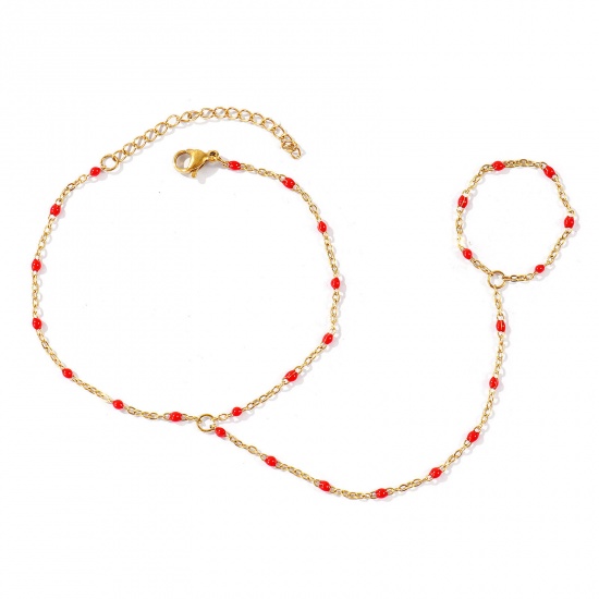 Picture of Wholesale Red Enamel 304 Stainless Steel Link Cable Chain Hand Chain Slave Finger Ring Bracelet, 18K Real Gold Plated Eco-friendly PVD Waterproof Anti-Tarnish Hypoallergenic, Women's Stylish Exquisite Gift Jewelry Supply, 18cm(7.1") + 5cm(2") long, Chain Size: 1.6mm, 1 Piece