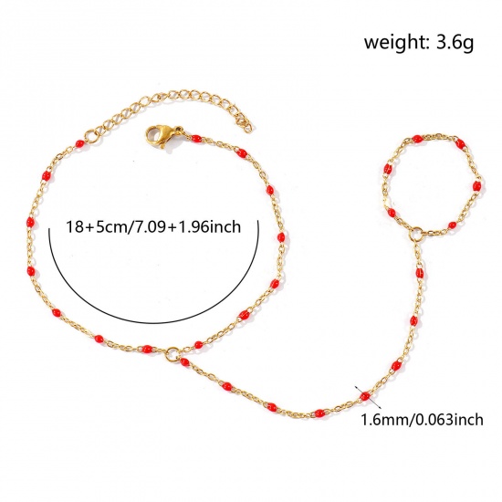 Picture of Wholesale Red Enamel 304 Stainless Steel Link Cable Chain Hand Chain Slave Finger Ring Bracelet, 18K Real Gold Plated Eco-friendly PVD Waterproof Anti-Tarnish Hypoallergenic, Women's Stylish Exquisite Gift Jewelry Supply, 18cm(7.1") + 5cm(2") long, Chain Size: 1.6mm, 1 Piece