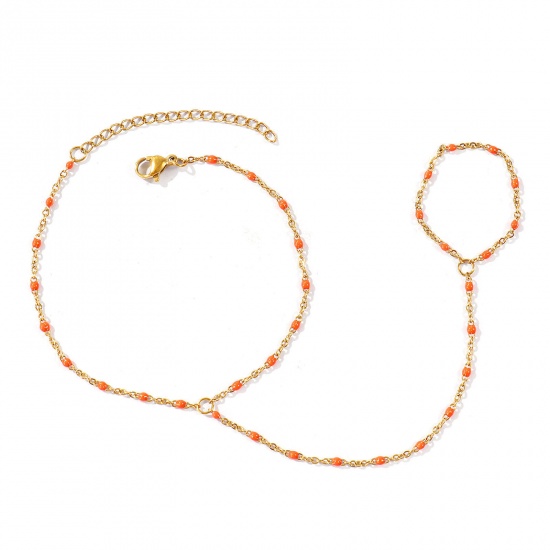 Picture of Wholesale Orange Enamel 304 Stainless Steel Link Cable Chain Hand Chain Slave Finger Ring Bracelet, 18K Real Gold Plated Eco-friendly PVD Waterproof Anti-Tarnish Hypoallergenic, Women's Stylish Exquisite Gift Jewelry Supply, 18cm(7.1") + 5cm(2") long, Chain Size: 1.6mm, 1 Piece