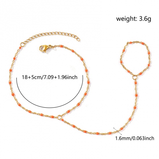 Picture of Wholesale Orange Enamel 304 Stainless Steel Link Cable Chain Hand Chain Slave Finger Ring Bracelet, 18K Real Gold Plated Eco-friendly PVD Waterproof Anti-Tarnish Hypoallergenic, Women's Stylish Exquisite Gift Jewelry Supply, 18cm(7.1") + 5cm(2") long, Chain Size: 1.6mm, 1 Piece