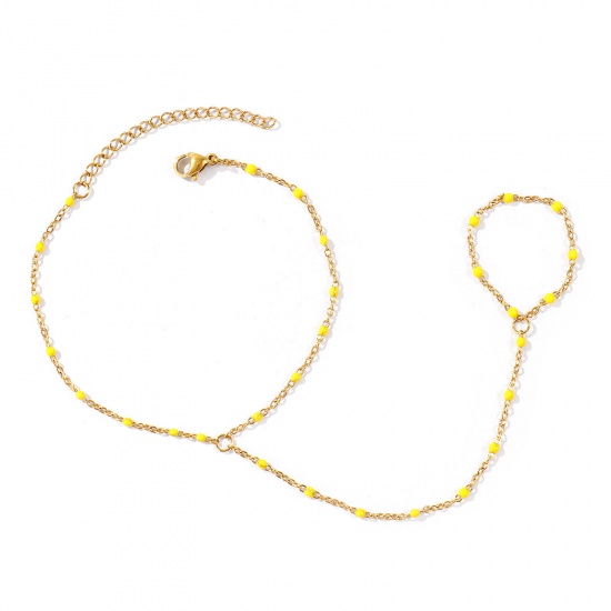 Picture of Wholesale Yellow Enamel 304 Stainless Steel Link Cable Chain Hand Chain Slave Finger Ring Bracelet, 18K Real Gold Plated Eco-friendly PVD Waterproof Anti-Tarnish Hypoallergenic, Women's Stylish Exquisite Gift Jewelry Supply, 18cm(7.1") + 5cm(2") long, Chain Size: 1.6mm, 1 Piece