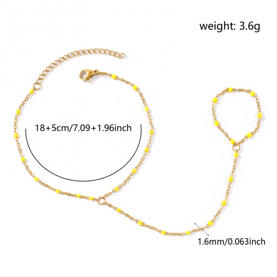 Picture of Wholesale Yellow Enamel 304 Stainless Steel Link Cable Chain Hand Chain Slave Finger Ring Bracelet, 18K Real Gold Plated Eco-friendly PVD Waterproof Anti-Tarnish Hypoallergenic, Women's Stylish Exquisite Gift Jewelry Supply, 18cm(7.1") + 5cm(2") long, Chain Size: 1.6mm, 1 Piece