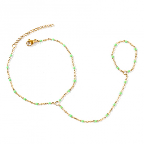 Picture of Wholesale Fruit Green Enamel 304 Stainless Steel Link Cable Chain Hand Chain Slave Finger Ring Bracelet, 18K Real Gold Plated Eco-friendly PVD Waterproof Anti-Tarnish Hypoallergenic, Women's Stylish Exquisite Gift Jewelry Supply, 18cm(7.1") + 5cm(2") long, Chain Size: 1.6mm, 1 Piece