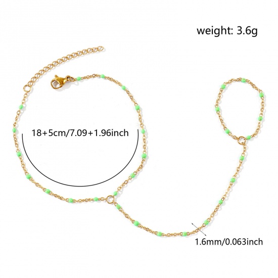 Picture of Wholesale Fruit Green Enamel 304 Stainless Steel Link Cable Chain Hand Chain Slave Finger Ring Bracelet, 18K Real Gold Plated Eco-friendly PVD Waterproof Anti-Tarnish Hypoallergenic, Women's Stylish Exquisite Gift Jewelry Supply, 18cm(7.1") + 5cm(2") long, Chain Size: 1.6mm, 1 Piece