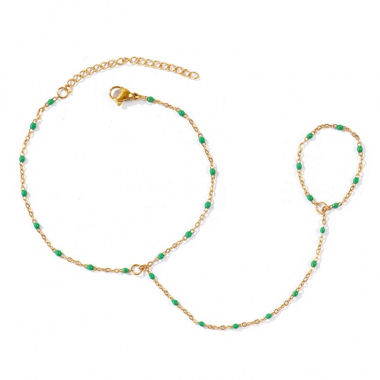 Picture of Wholesale Dark Green Enamel 304 Stainless Steel Link Cable Chain Hand Chain Slave Finger Ring Bracelet, 18K Real Gold Plated Eco-friendly PVD Waterproof Anti-Tarnish Hypoallergenic, Women's Stylish Exquisite Gift Jewelry Supply, 18cm(7.1") + 5cm(2") long, Chain Size: 1.6mm, 1 Piece