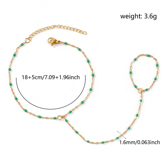 Picture of Wholesale Dark Green Enamel 304 Stainless Steel Link Cable Chain Hand Chain Slave Finger Ring Bracelet, 18K Real Gold Plated Eco-friendly PVD Waterproof Anti-Tarnish Hypoallergenic, Women's Stylish Exquisite Gift Jewelry Supply, 18cm(7.1") + 5cm(2") long, Chain Size: 1.6mm, 1 Piece