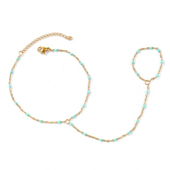 Picture of Wholesale Green Blue Enamel 304 Stainless Steel Link Cable Chain Hand Chain Slave Finger Ring Bracelet, 18K Real Gold Plated Eco-friendly PVD Waterproof Anti-Tarnish Hypoallergenic, Women's Stylish Exquisite Gift Jewelry Supply, 18cm(7.1") + 5cm(2") long, Chain Size: 1.6mm, 1 Piece