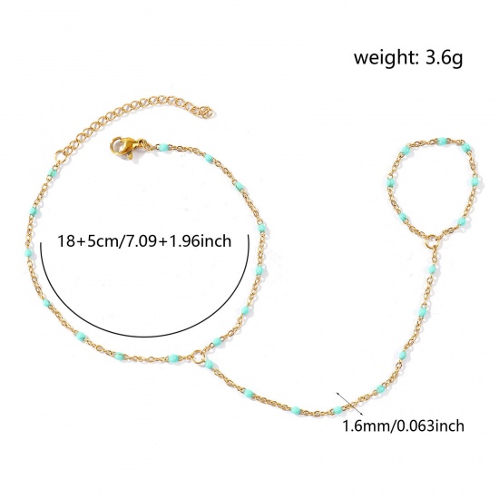 Picture of Wholesale Green Blue Enamel 304 Stainless Steel Link Cable Chain Hand Chain Slave Finger Ring Bracelet, 18K Real Gold Plated Eco-friendly PVD Waterproof Anti-Tarnish Hypoallergenic, Women's Stylish Exquisite Gift Jewelry Supply, 18cm(7.1") + 5cm(2") long, Chain Size: 1.6mm, 1 Piece