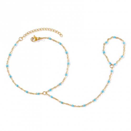 Picture of Wholesale Skyblue Enamel 304 Stainless Steel Link Cable Chain Hand Chain Slave Finger Ring Bracelet, 18K Real Gold Plated Eco-friendly PVD Waterproof Anti-Tarnish Hypoallergenic, Women's Stylish Exquisite Gift Jewelry Supply, 18cm(7.1") + 5cm(2") long, Chain Size: 1.6mm, 1 Piece