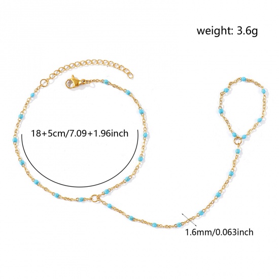 Picture of Wholesale Skyblue Enamel 304 Stainless Steel Link Cable Chain Hand Chain Slave Finger Ring Bracelet, 18K Real Gold Plated Eco-friendly PVD Waterproof Anti-Tarnish Hypoallergenic, Women's Stylish Exquisite Gift Jewelry Supply, 18cm(7.1") + 5cm(2") long, Chain Size: 1.6mm, 1 Piece