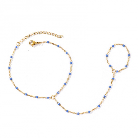 Picture of Wholesale Royal Blue Enamel 304 Stainless Steel Link Cable Chain Hand Chain Slave Finger Ring Bracelet, 18K Real Gold Plated Eco-friendly PVD Waterproof Anti-Tarnish Hypoallergenic, Women's Stylish Exquisite Gift Jewelry Supply, 18cm(7.1") + 5cm(2") long, Chain Size: 1.6mm, 1 Piece