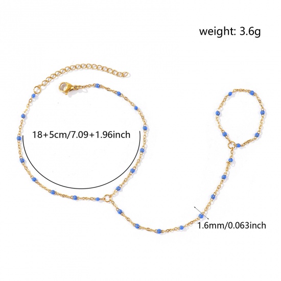 Picture of Wholesale Royal Blue Enamel 304 Stainless Steel Link Cable Chain Hand Chain Slave Finger Ring Bracelet, 18K Real Gold Plated Eco-friendly PVD Waterproof Anti-Tarnish Hypoallergenic, Women's Stylish Exquisite Gift Jewelry Supply, 18cm(7.1") + 5cm(2") long, Chain Size: 1.6mm, 1 Piece