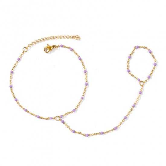 Picture of Wholesale Purple Enamel 304 Stainless Steel Link Cable Chain Hand Chain Slave Finger Ring Bracelet, 18K Real Gold Plated Eco-friendly PVD Waterproof Anti-Tarnish Hypoallergenic, Women's Stylish Exquisite Gift Jewelry Supply, 18cm(7.1") + 5cm(2") long, Chain Size: 1.6mm, 1 Piece