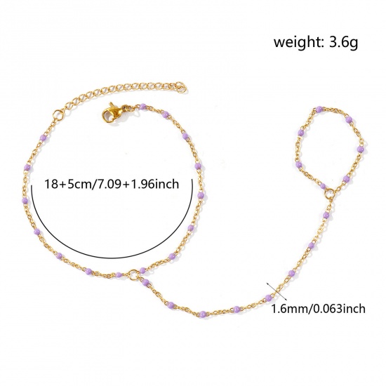 Picture of Wholesale Purple Enamel 304 Stainless Steel Link Cable Chain Hand Chain Slave Finger Ring Bracelet, 18K Real Gold Plated Eco-friendly PVD Waterproof Anti-Tarnish Hypoallergenic, Women's Stylish Exquisite Gift Jewelry Supply, 18cm(7.1") + 5cm(2") long, Chain Size: 1.6mm, 1 Piece