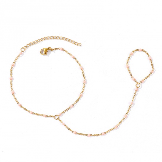Picture of Wholesale Light Pink Enamel 304 Stainless Steel Link Cable Chain Hand Chain Slave Finger Ring Bracelet, 18K Real Gold Plated Eco-friendly PVD Waterproof Anti-Tarnish Hypoallergenic, Women's Stylish Exquisite Gift Jewelry Supply, 18cm(7.1") + 5cm(2") long, Chain Size: 1.6mm, 1 Piece