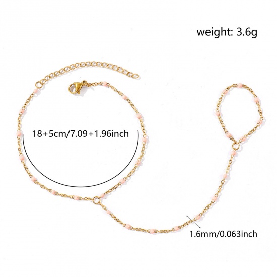 Picture of Wholesale Light Pink Enamel 304 Stainless Steel Link Cable Chain Hand Chain Slave Finger Ring Bracelet, 18K Real Gold Plated Eco-friendly PVD Waterproof Anti-Tarnish Hypoallergenic, Women's Stylish Exquisite Gift Jewelry Supply, 18cm(7.1") + 5cm(2") long, Chain Size: 1.6mm, 1 Piece