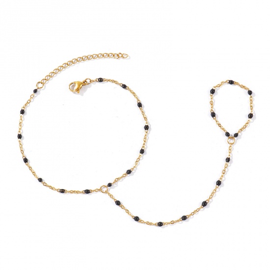 Picture of Wholesale Black Enamel 304 Stainless Steel Link Cable Chain Hand Chain Slave Finger Ring Bracelet, 18K Real Gold Plated Eco-friendly PVD Waterproof Anti-Tarnish Hypoallergenic, Women's Stylish Exquisite Gift Jewelry Supply, 18cm(7.1") + 5cm(2") long, Chain Size: 1.6mm, 1 Piece