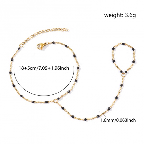 Picture of Wholesale Black Enamel 304 Stainless Steel Link Cable Chain Hand Chain Slave Finger Ring Bracelet, 18K Real Gold Plated Eco-friendly PVD Waterproof Anti-Tarnish Hypoallergenic, Women's Stylish Exquisite Gift Jewelry Supply, 18cm(7.1") + 5cm(2") long, Chain Size: 1.6mm, 1 Piece