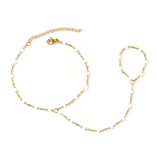 Picture of Wholesale White Enamel 304 Stainless Steel Link Cable Chain Hand Chain Slave Finger Ring Bracelet, 18K Real Gold Plated Eco-friendly PVD Waterproof Anti-Tarnish Hypoallergenic, Women's Stylish Exquisite Gift Jewelry Supply, 18cm(7.1") + 5cm(2") long, Chain Size: 1.6mm, 1 Piece