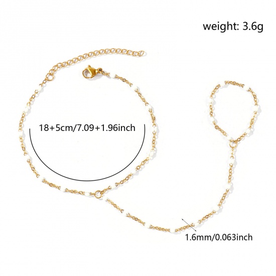 Picture of Wholesale White Enamel 304 Stainless Steel Link Cable Chain Hand Chain Slave Finger Ring Bracelet, 18K Real Gold Plated Eco-friendly PVD Waterproof Anti-Tarnish Hypoallergenic, Women's Stylish Exquisite Gift Jewelry Supply, 18cm(7.1") + 5cm(2") long, Chain Size: 1.6mm, 1 Piece